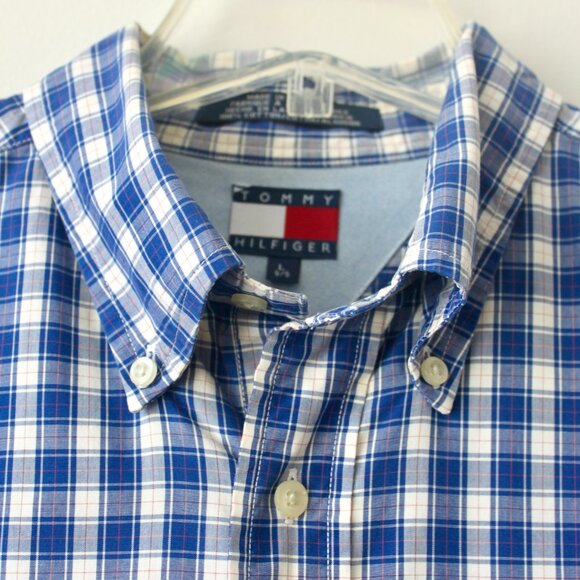 Tommy Hilfiger 100% Cotton Blue Plaid Button-Down Dress Shirt Short-Sleeve Large - Picture 2 of 6